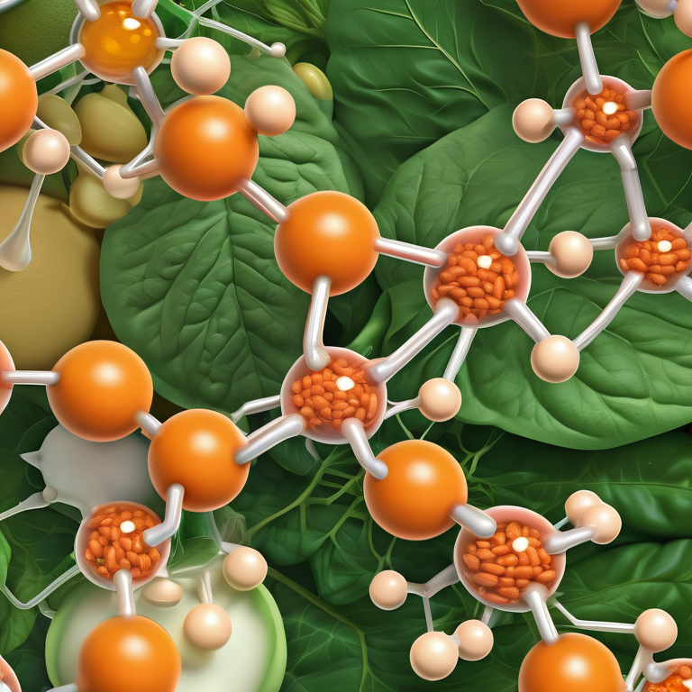 Molecular structure of vitamin B11 surrounded by oranges, spinach, and sunflower seeds in a sunny ambiance.