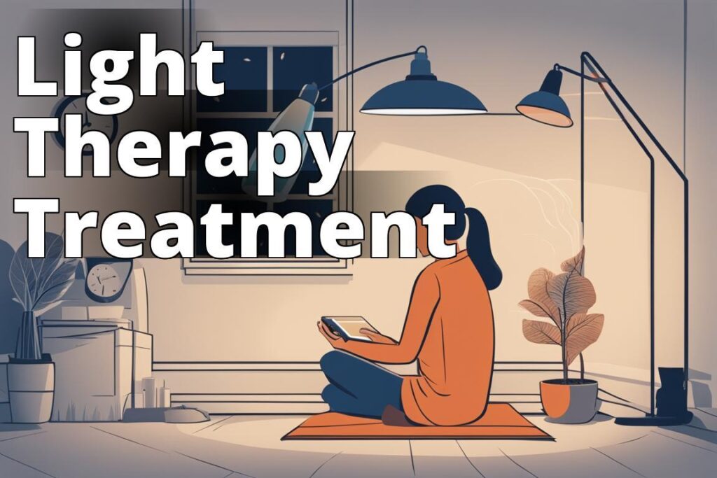 The image should show a person sitting by a bright light therapy lamp